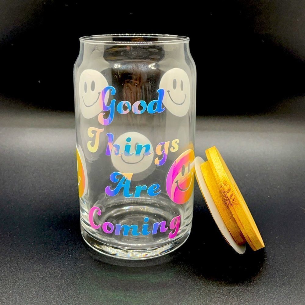 NWT WOOL + PEPPER CO. Good Things Holographic Glass Can Cup w/ Bamboo Lid